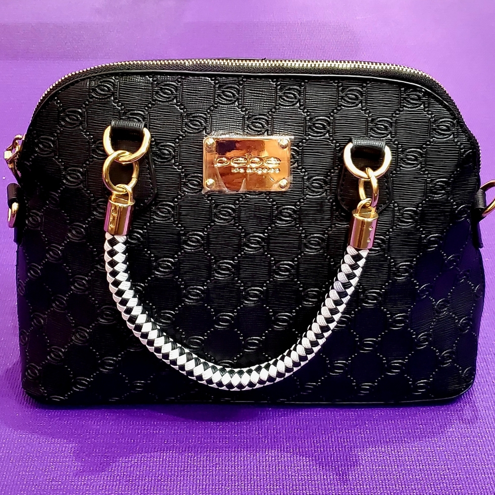 NWT*Bebe Honey Saffiano Embossed Logo Dome Black Handbag.